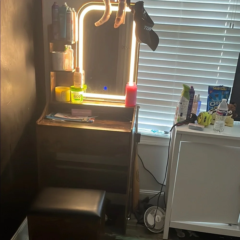 Wooden Vanity with Mirror and Lights
